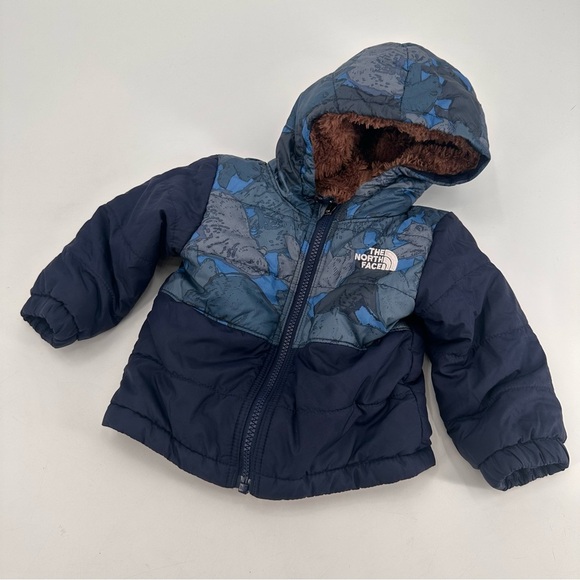 The North Face Reversible Bear Print Blue Hooded Winter Jacket 6-12 months - Picture 1 of 5